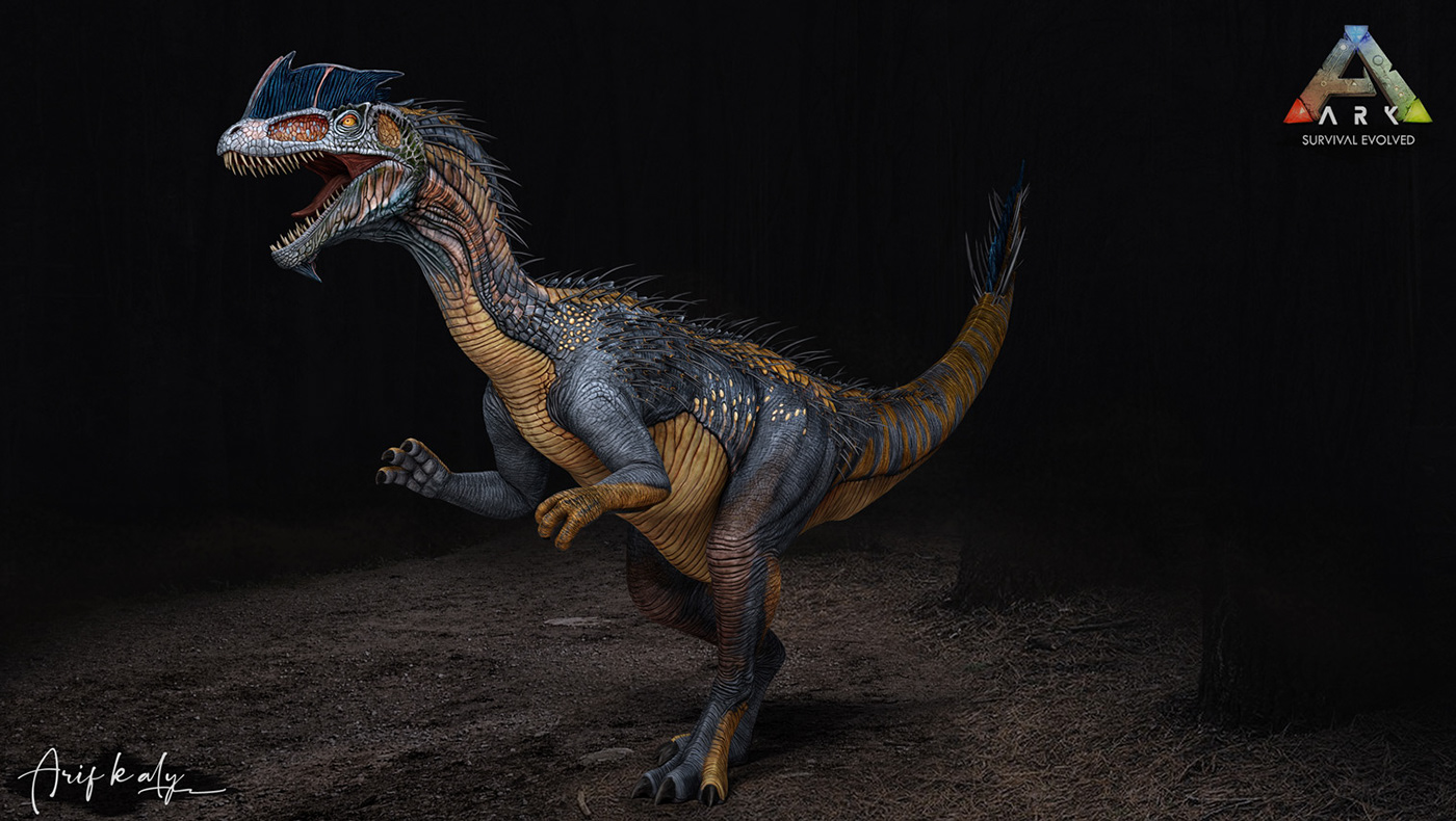 Dilophosaurus spitter spiky venom fantasy Dinosaur stylized prehistoric Game Art creature