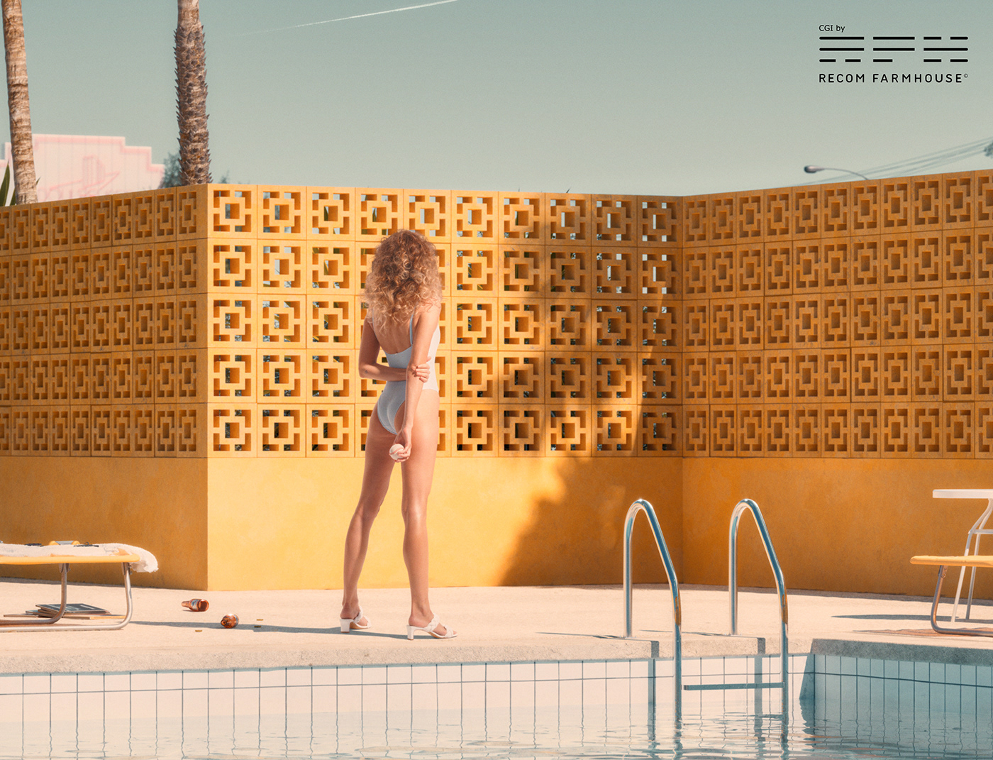 CGI Las Vegas motel swimming pool 3D Rendering 80s cgi architecture Fashion  model yellow