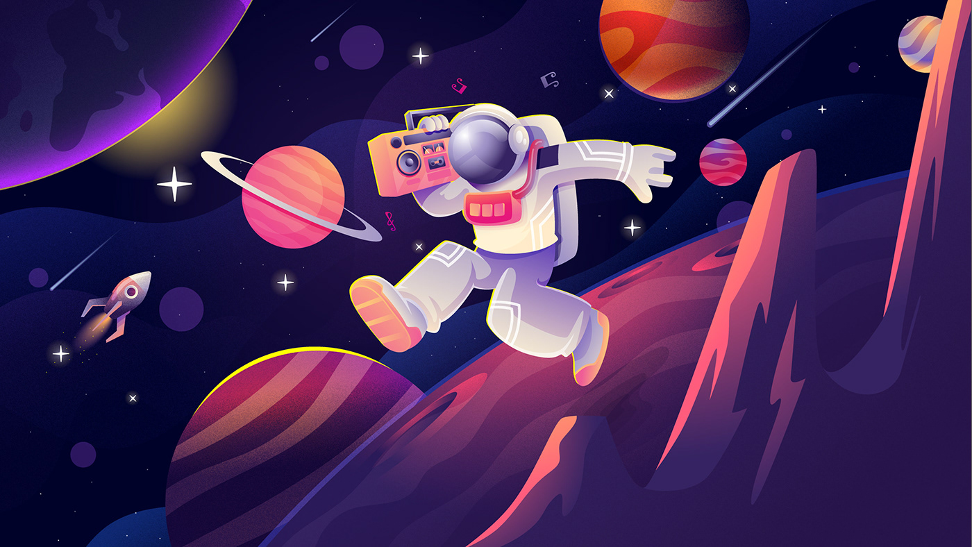 astronaut boombox cartoon fantasy galaxy hiphop ILLUSTRATION  moon music vector