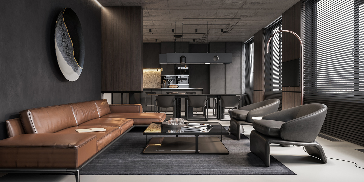Bokhan 3ds max corona render  living room LOFT Style design bathroom leather kitchen