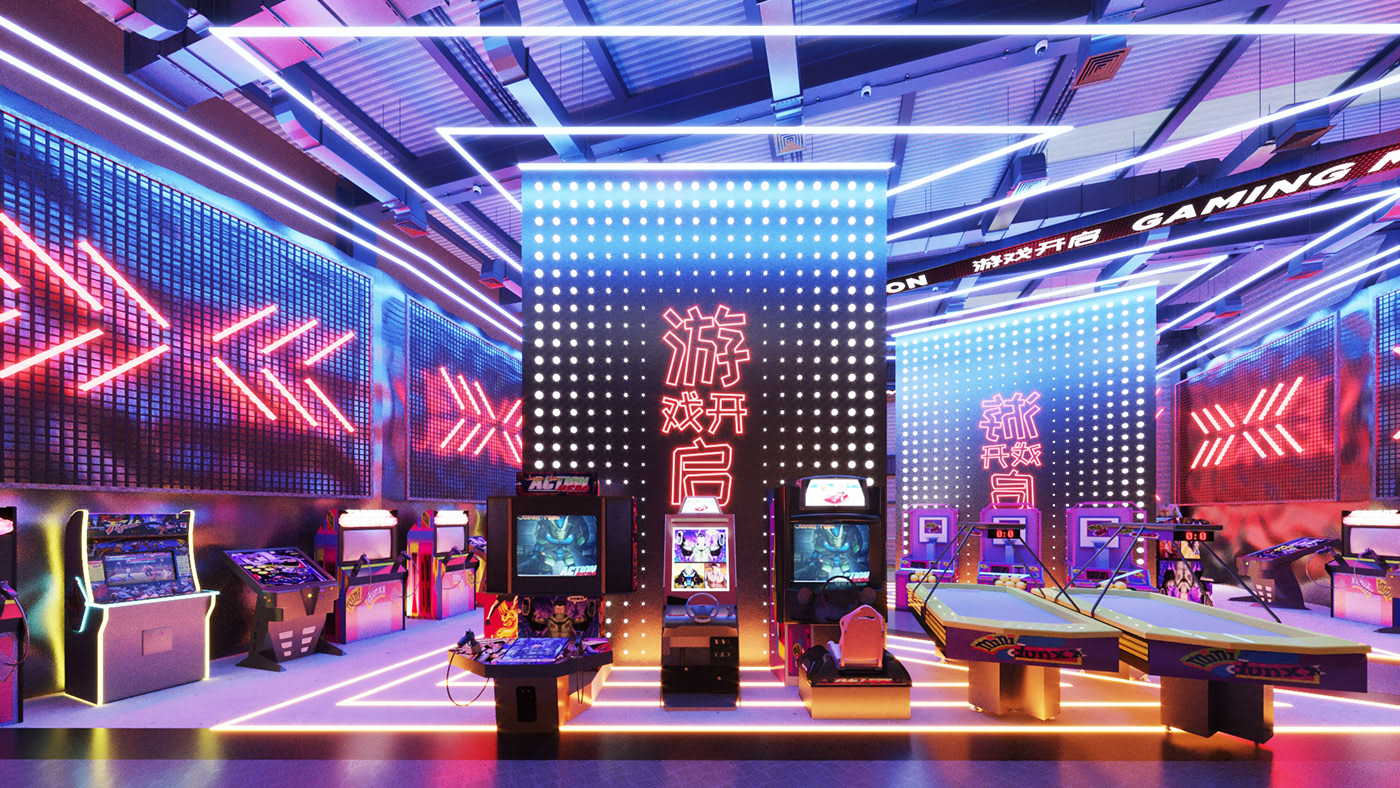 arcade architecture Gaming Interior japanese lights neon tokyo video game visualization