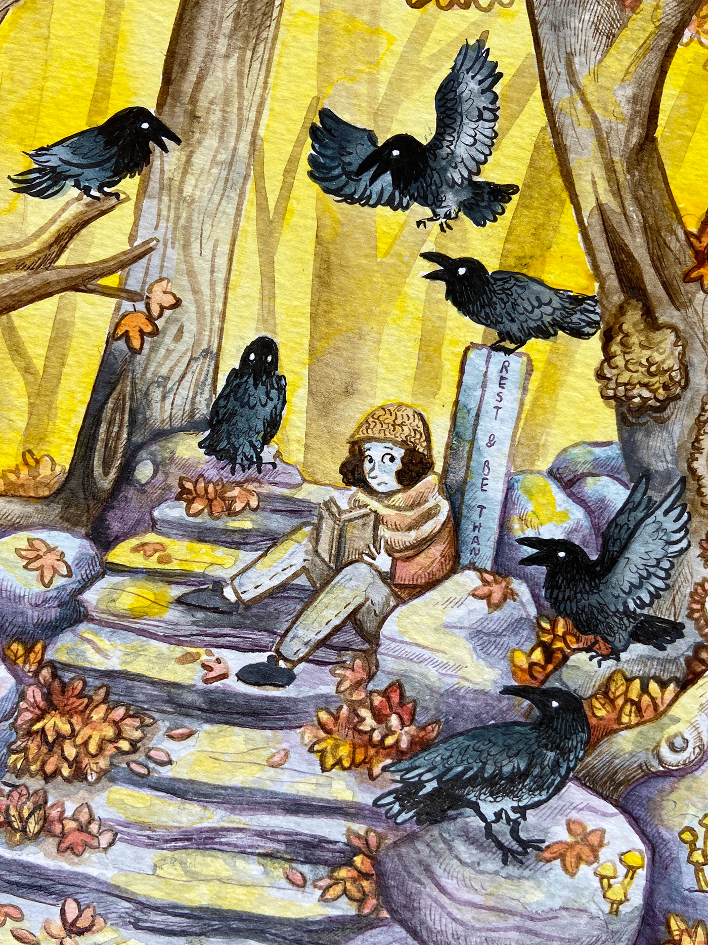 autumn book corvid crows Fall forest girl leaves orange person raven Reading reads rook stairs trees woodland yellow