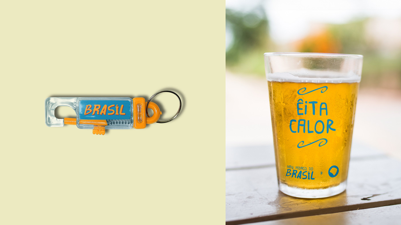 Brindes promocionais de um chaveiro e um copo americano para o programa Meu Pedaço do Brasil