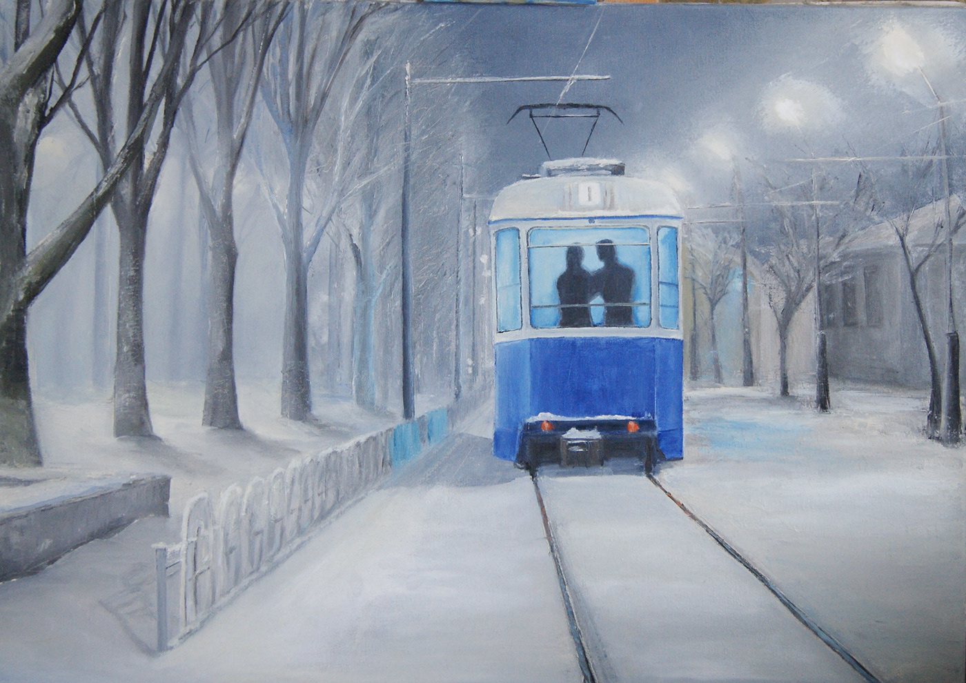 Realism snow tram winter tramline landscade artwork painting   art vinnytsia