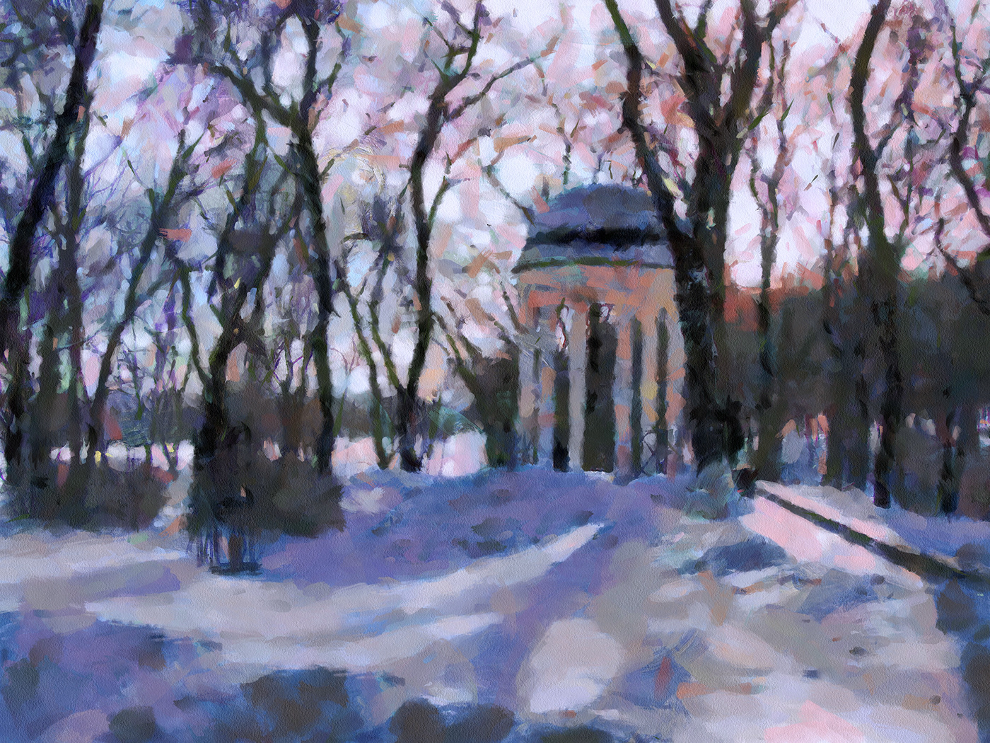 art color image light Nature painting   Park Rotunda snow. landscape winter