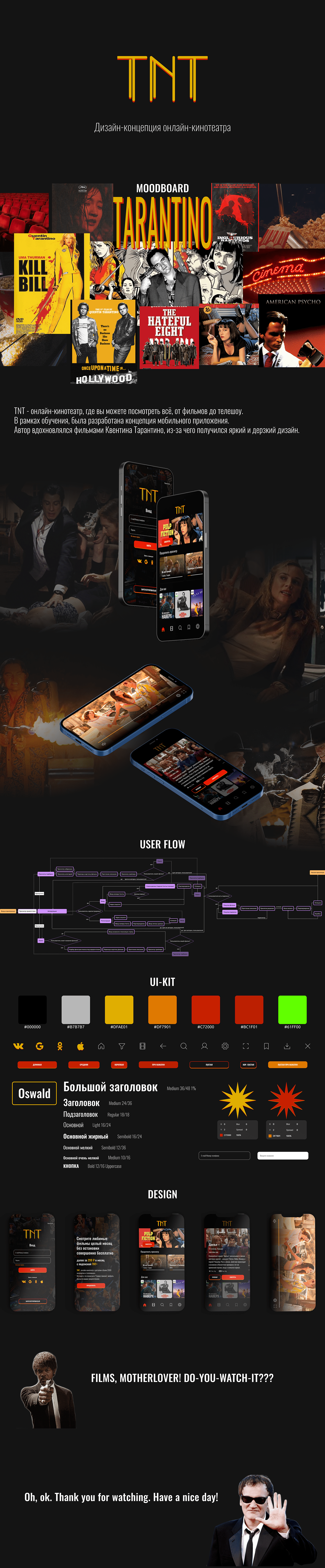 Cinema contented design Figma Mobile app online-cinema Tarantino UI/UX онлайн-кинотеатр Тарантино