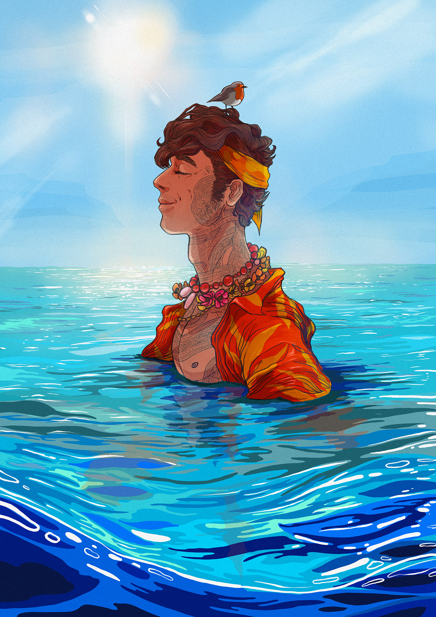 chill digital painting happy male model Ocean Positive relax summer Sun water