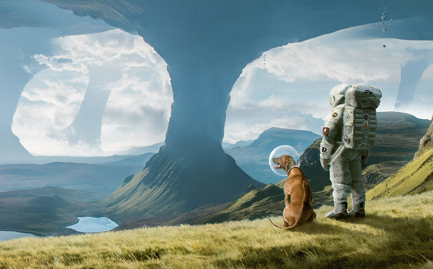 cosmic cosmos astronaut dog planet surreal photomanipulation freedom friendship adventure