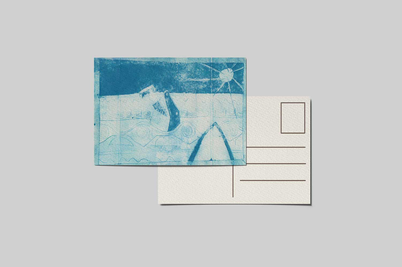 postcard card Travel shark sea Ocean monotype printmaking Holliday ink