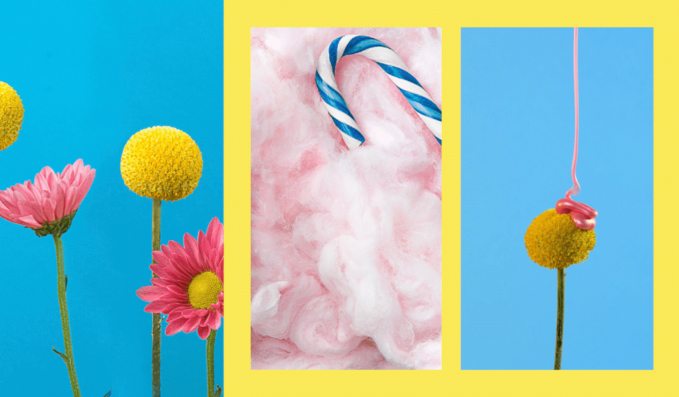 Colorful & playful advertising campaign: pink peel off mask pouring over a flower