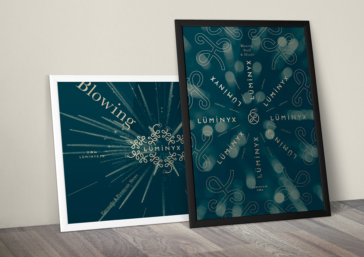 Framed poster design representing explosions of fireworks for Luminyx's new corporate identity