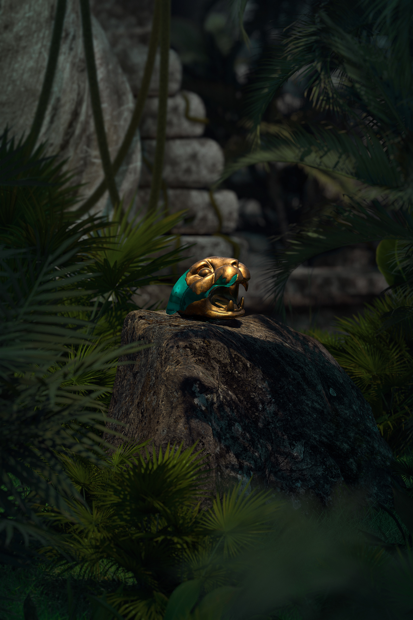 Ancient forest gem gold jaguar modeled relic scene Zbrush
