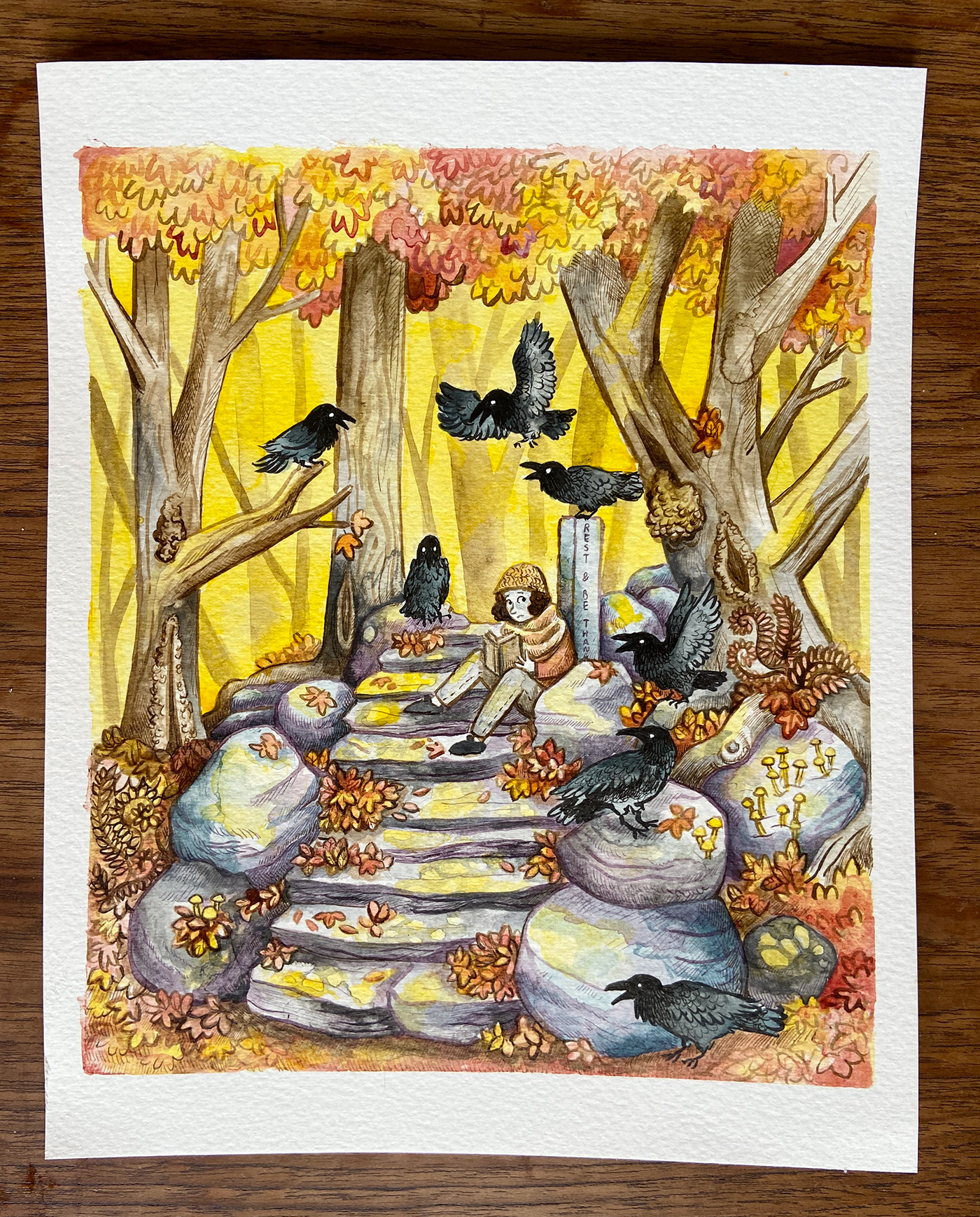 autumn book corvid crows Fall forest girl leaves orange person raven Reading reads rook stairs trees woodland yellow
