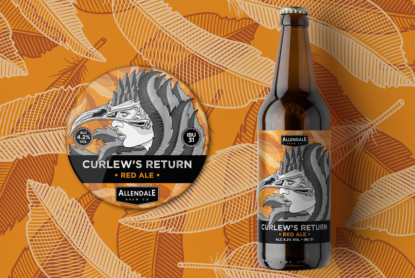 craft beer label design featuring hand-drawn woman's face wearing bird skull mask with feathers