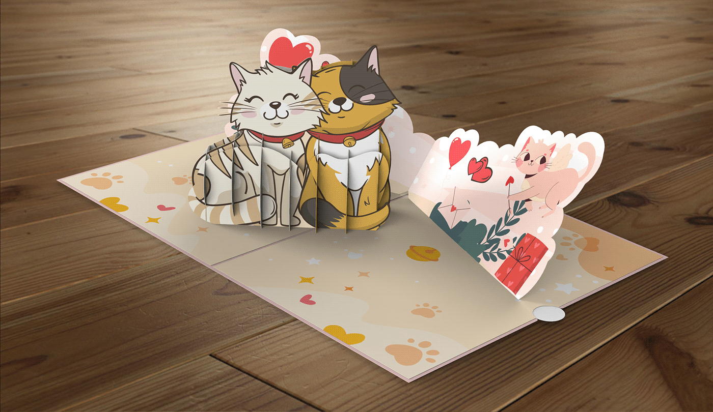 animal card Cat cute design Love Popup romantic valentine wedding