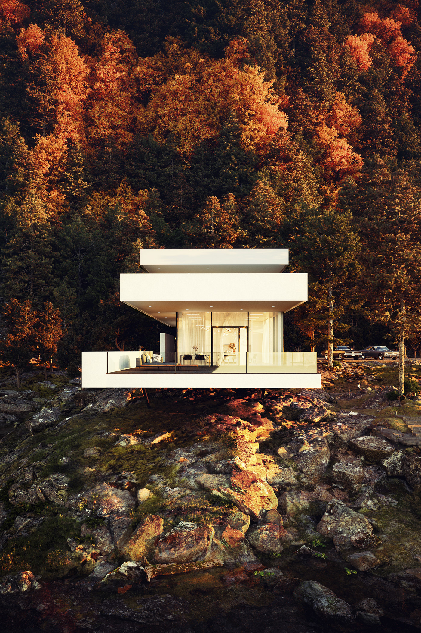 autumn bay CGI Fall house Render river valley visualization