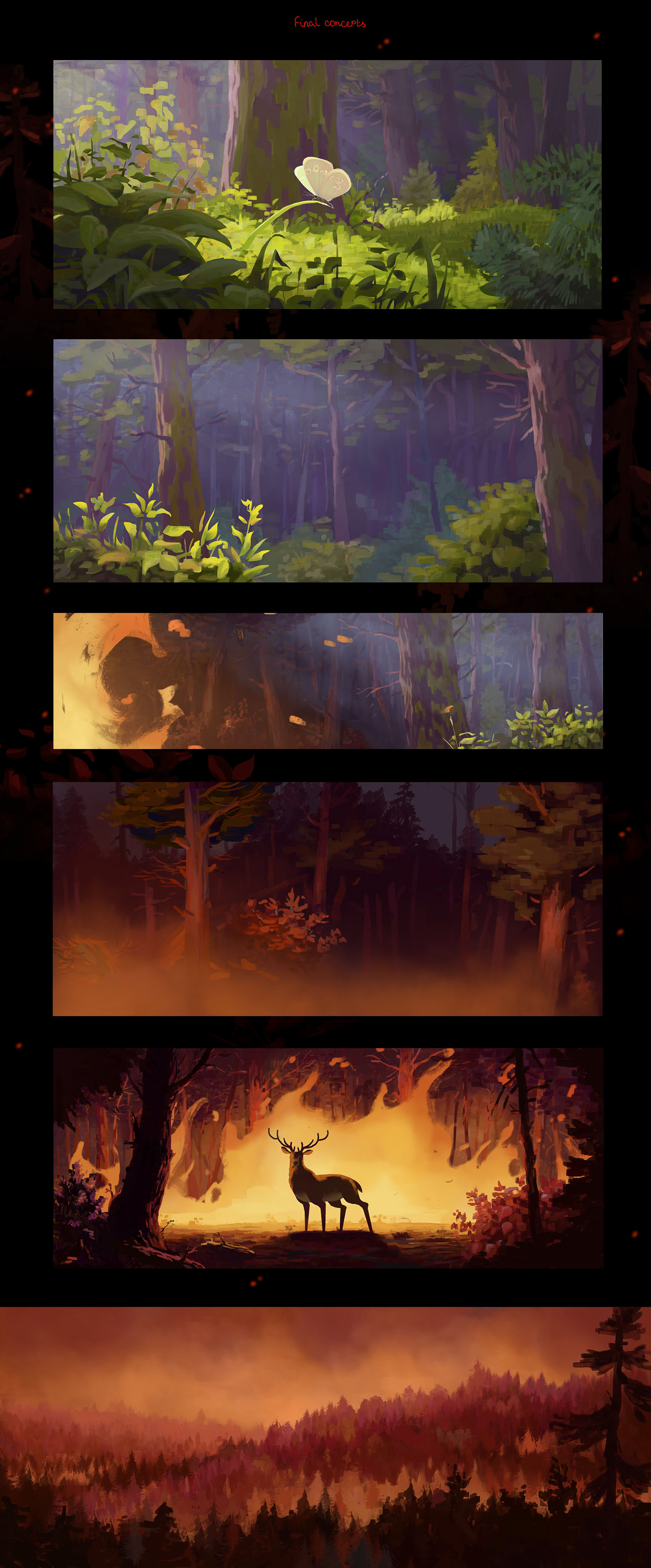 fire wildfire black sky animation  deer Nature disaster forest butterfly