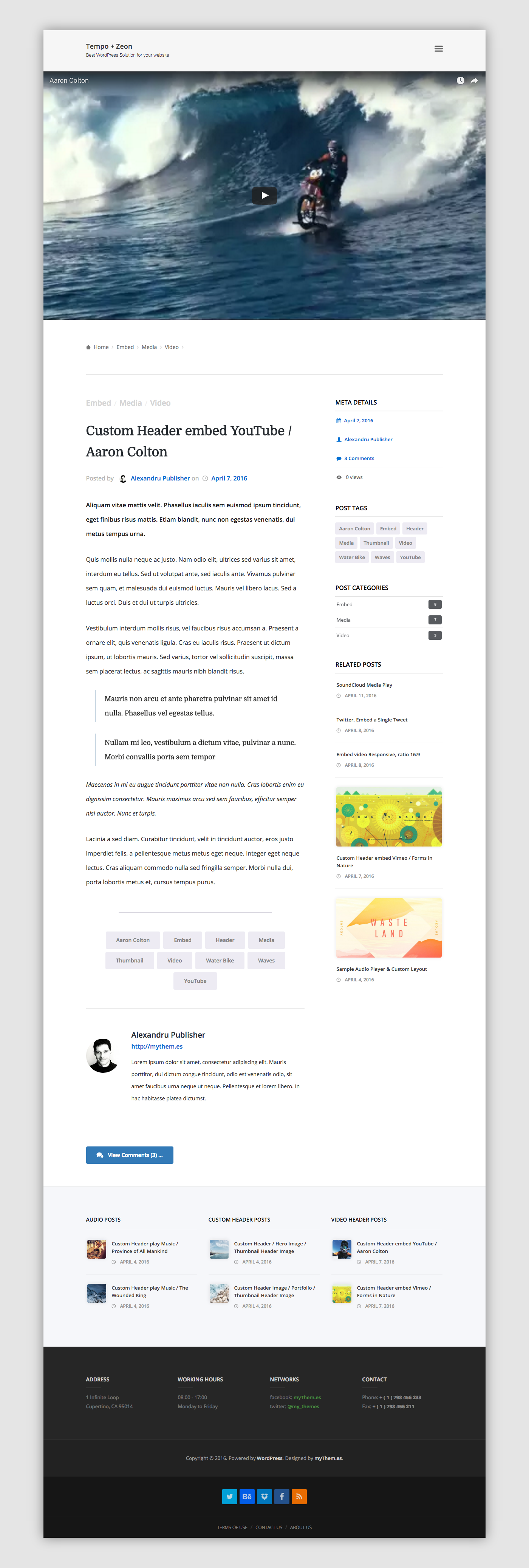 Tempo wordpress plugin wordpress theme free theme minimalist Clean Design myThemes White creative business portfolio Blog grid custom header