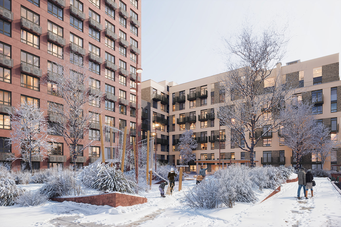winter sunset block Flats Street city Urban architecture Render 3D