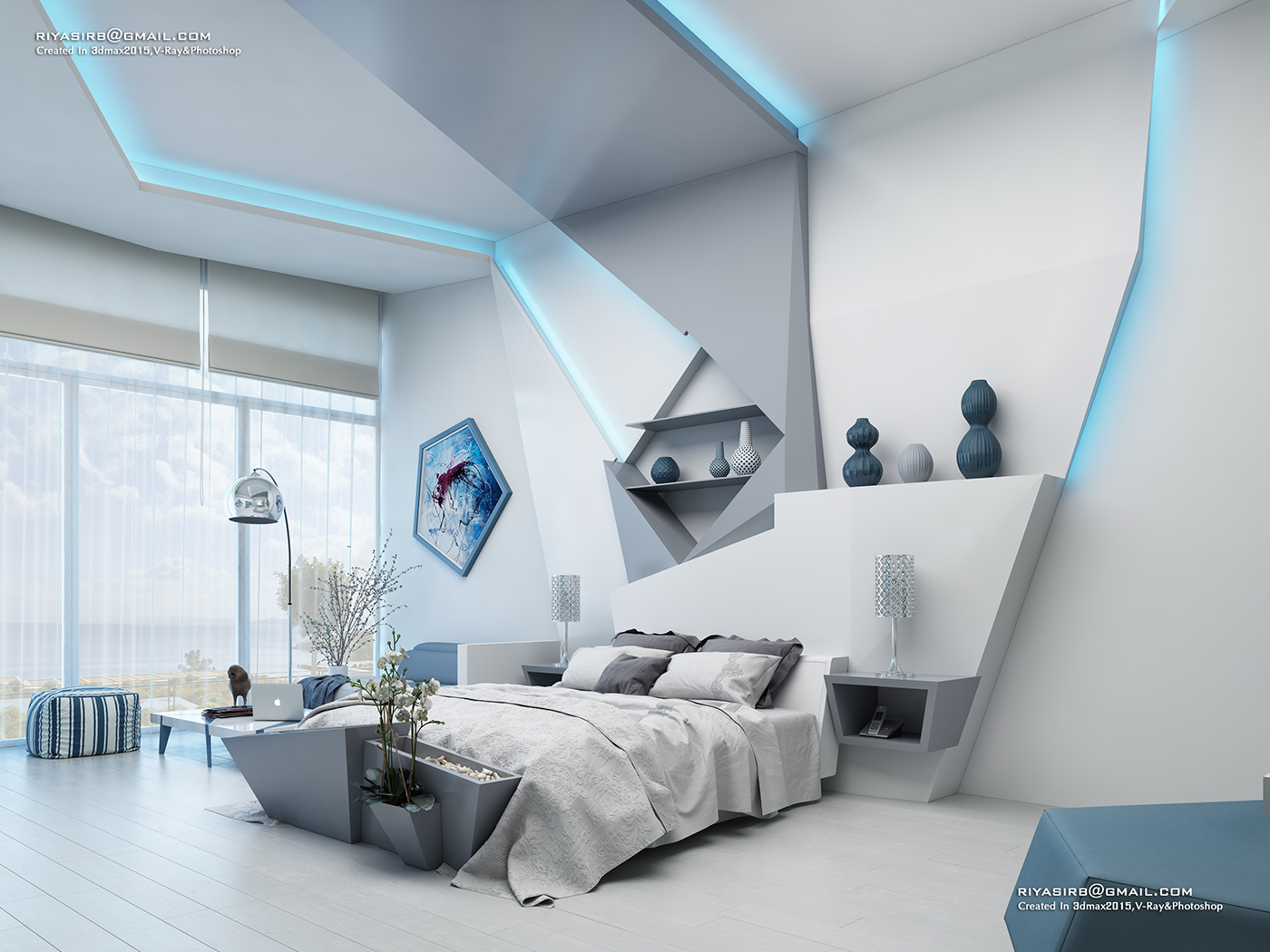3dsmax vray bedroom futuristic Interior design photoshop black and white 3D CGI