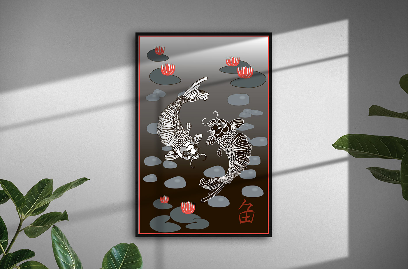 koi fish black and white Poster Design adobe illustrator koifish animals Nature art digital illustration