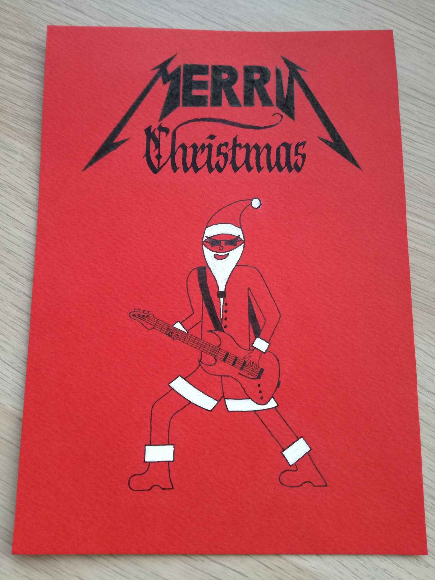 Christmas santa clause gold copperplate card rock Metallica guitar gothic bodybuilder tattoos muscles copperplate