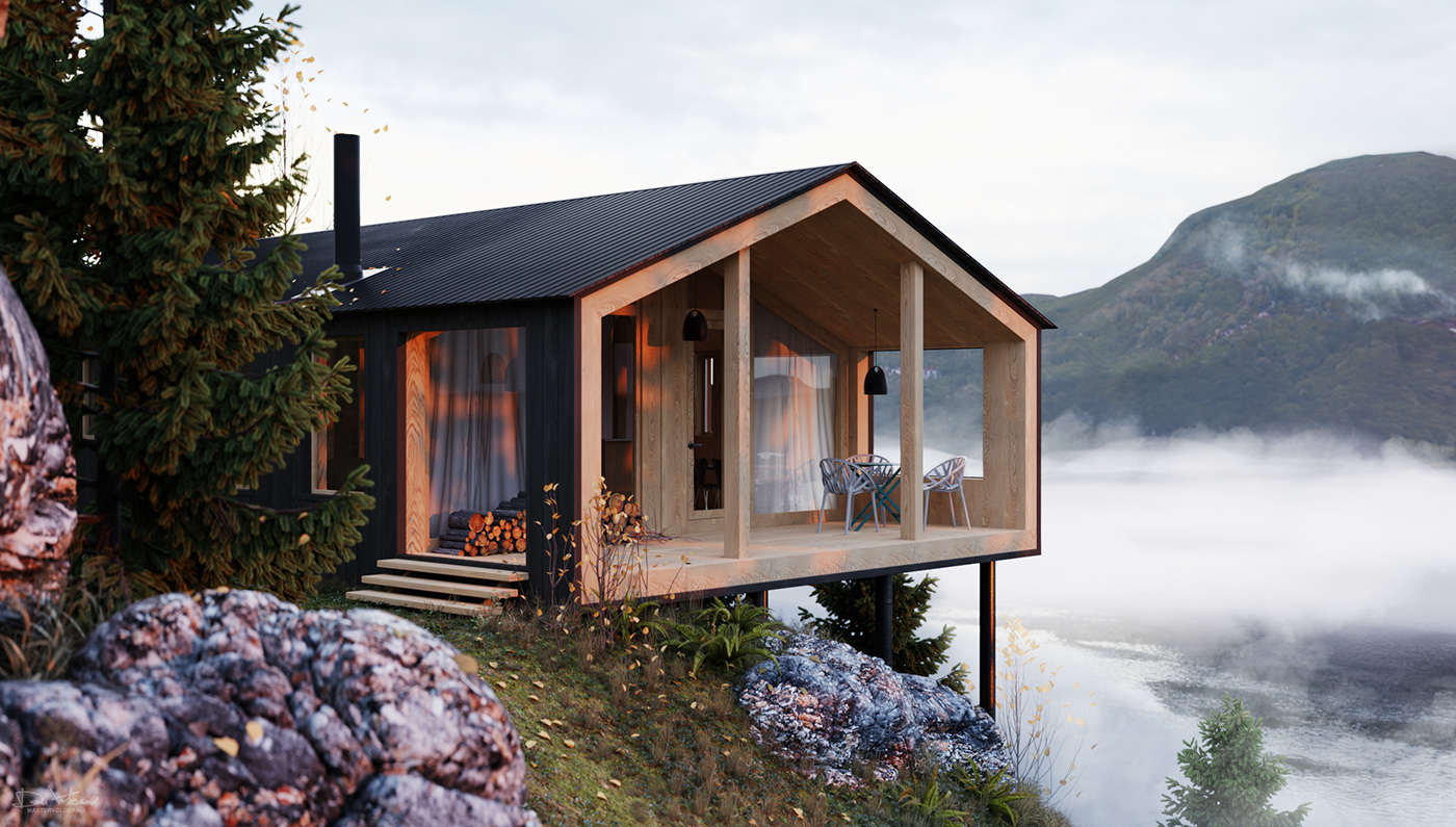 exterior architecture CGI 3D visualization autumn house home Nature fjord