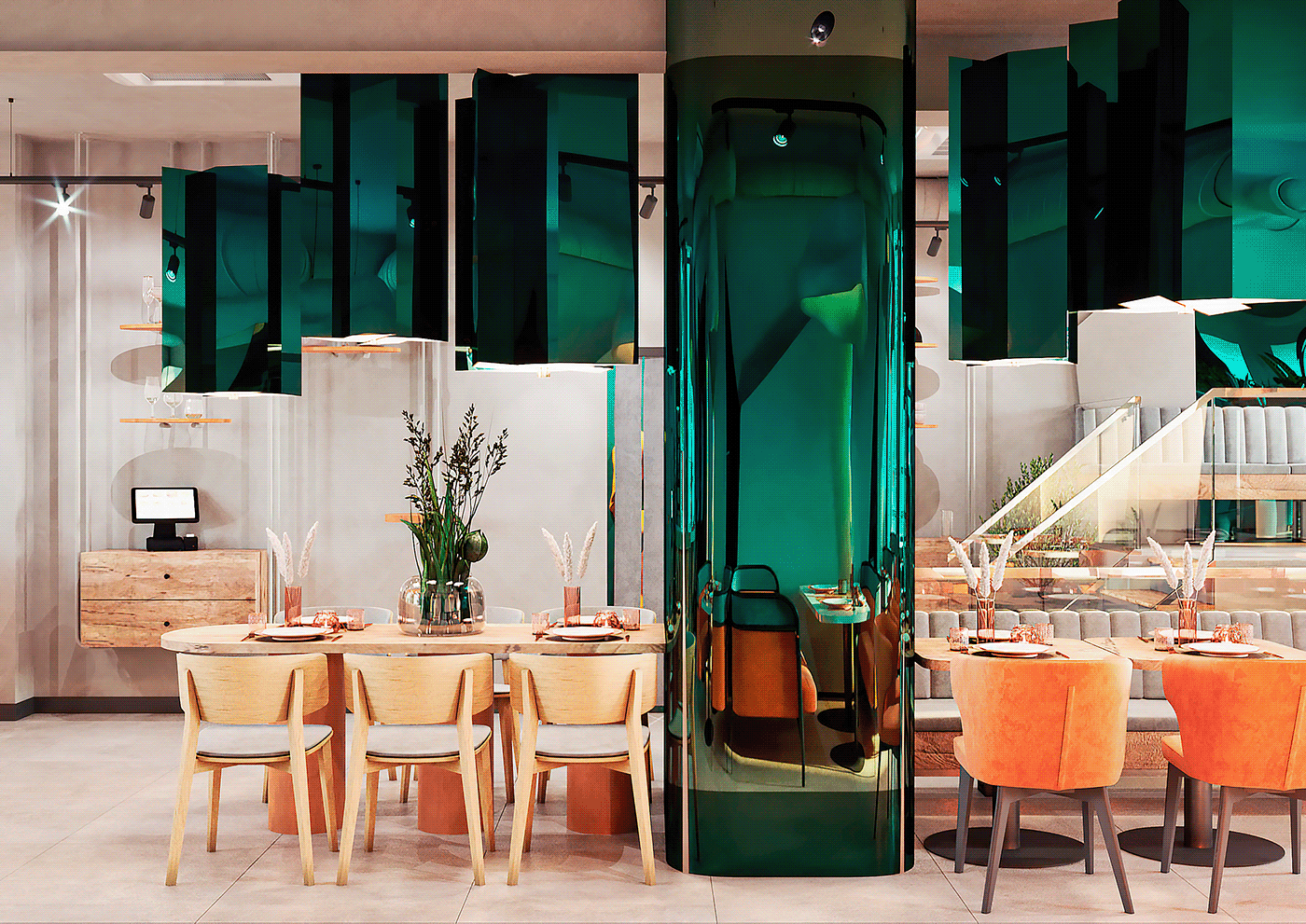 bar cafe concrete decor future interior design  mirrors restaurant toilet wood