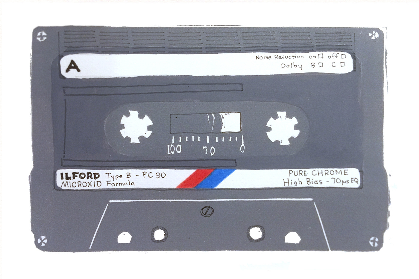 cassette mixtape cassette tape linocut printmaking