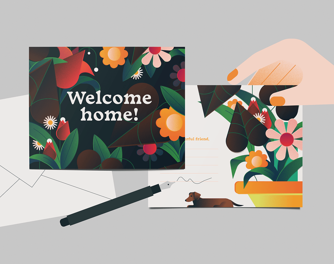 vector postcard greeting card design Flowers plants dogs home ILLUSTRATION  Editorial Illustration