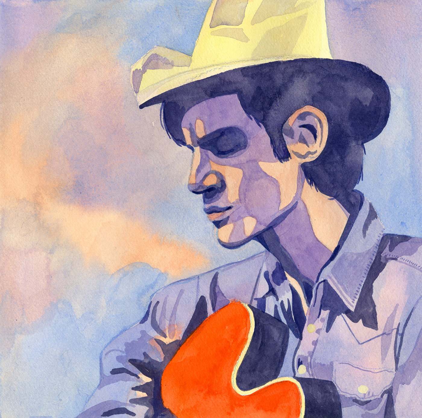 painting   watercolor portrait musician guitarist folk