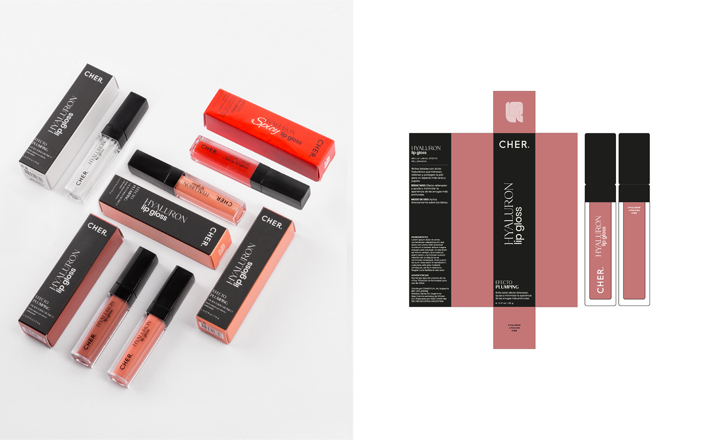 Packaging and label for lipgloss and dielines showing typographic layout