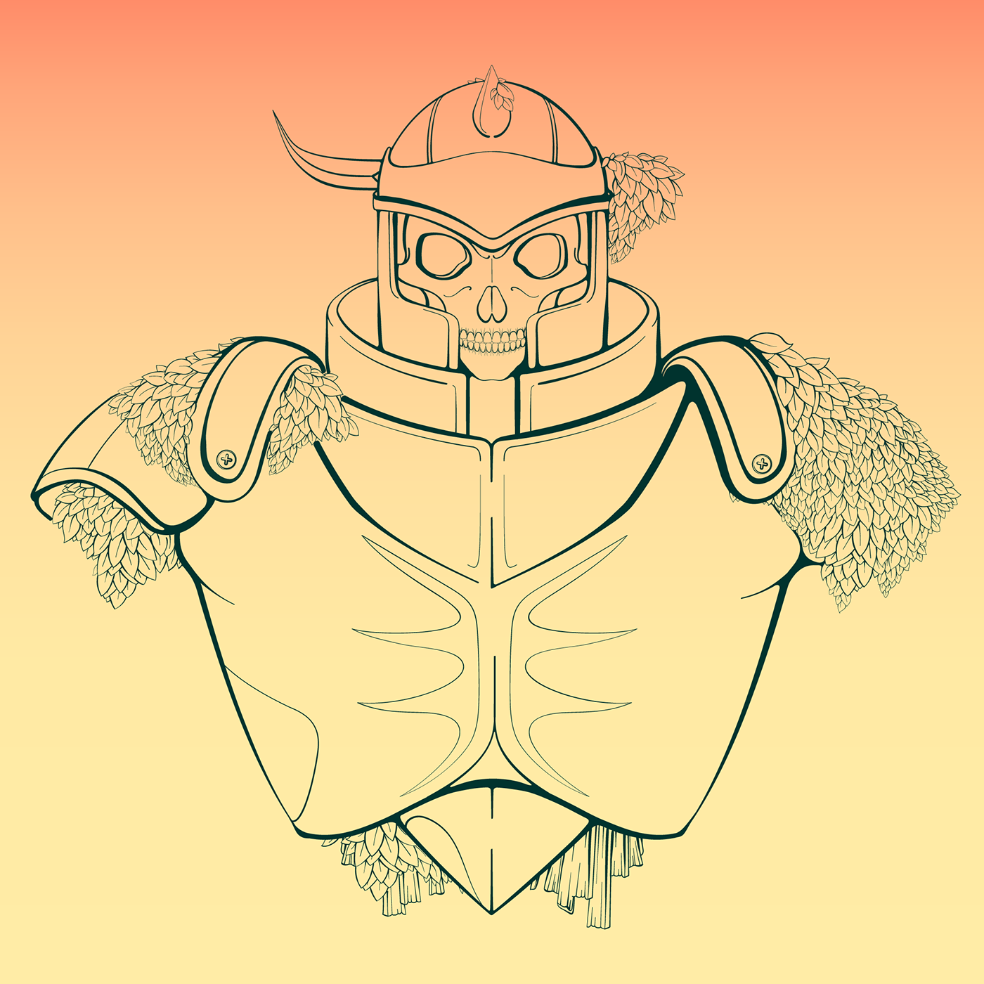 Line work of suit of armor with leaves growing out, based on ancient hero from zelda.
