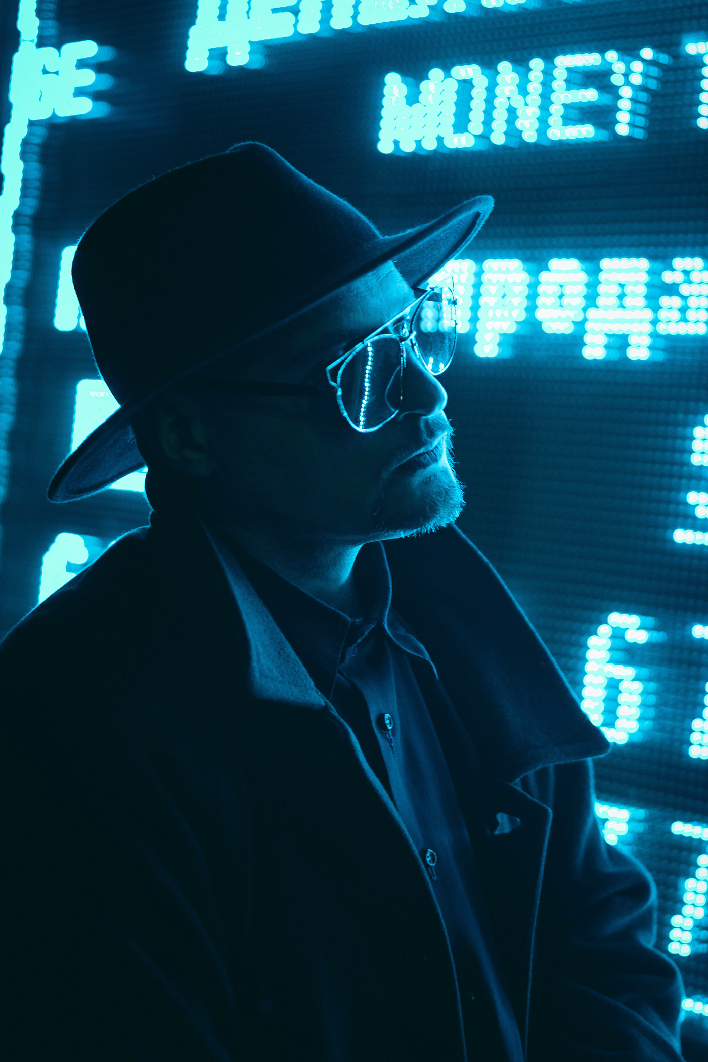 Cyber portrait by Turbolera in blue neon light. Night city. True detective noir vision
