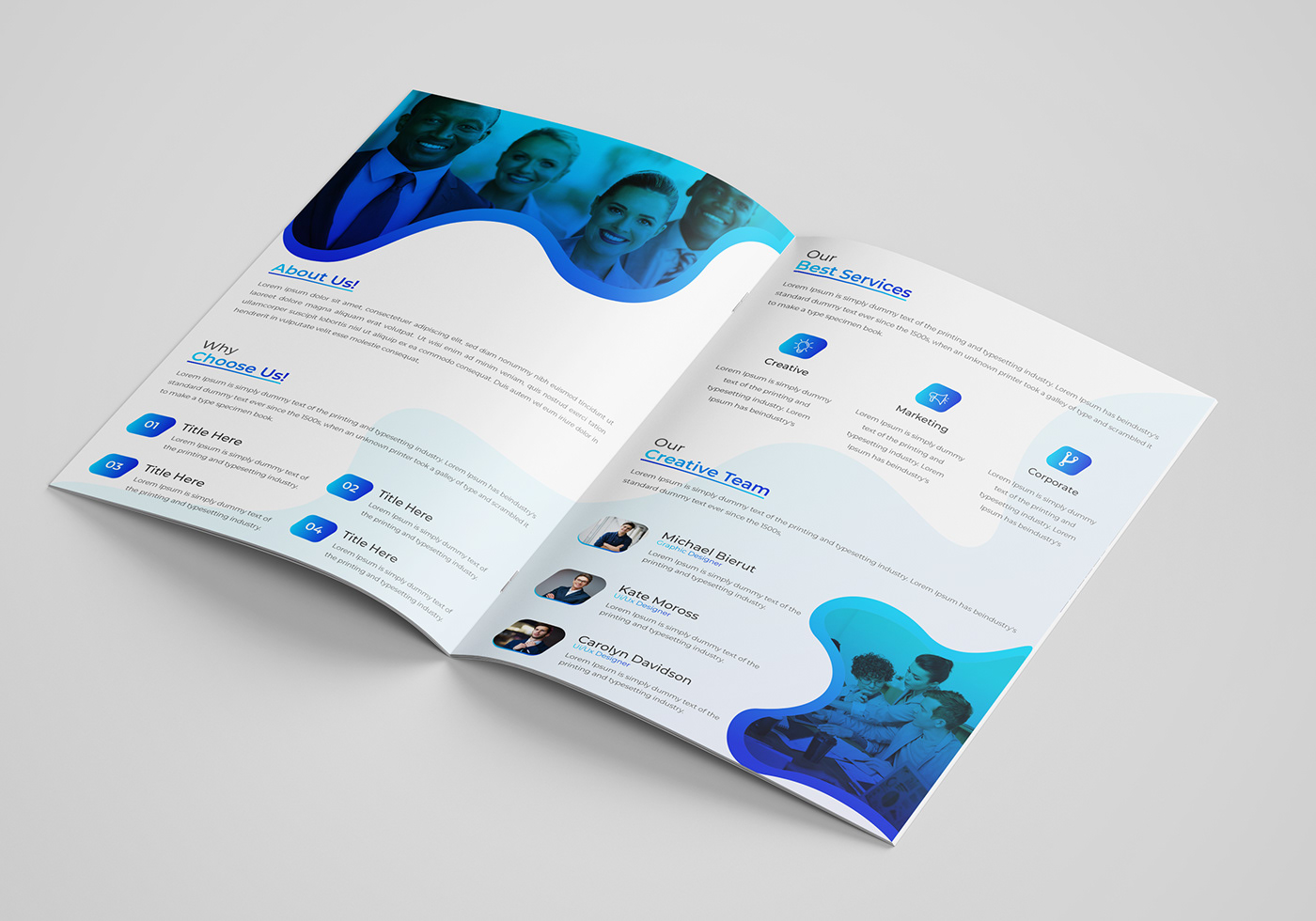 bi-fold brochure brochure Bi Fold Businesss Brochure corporate A4 brochure organic shape report template blue
