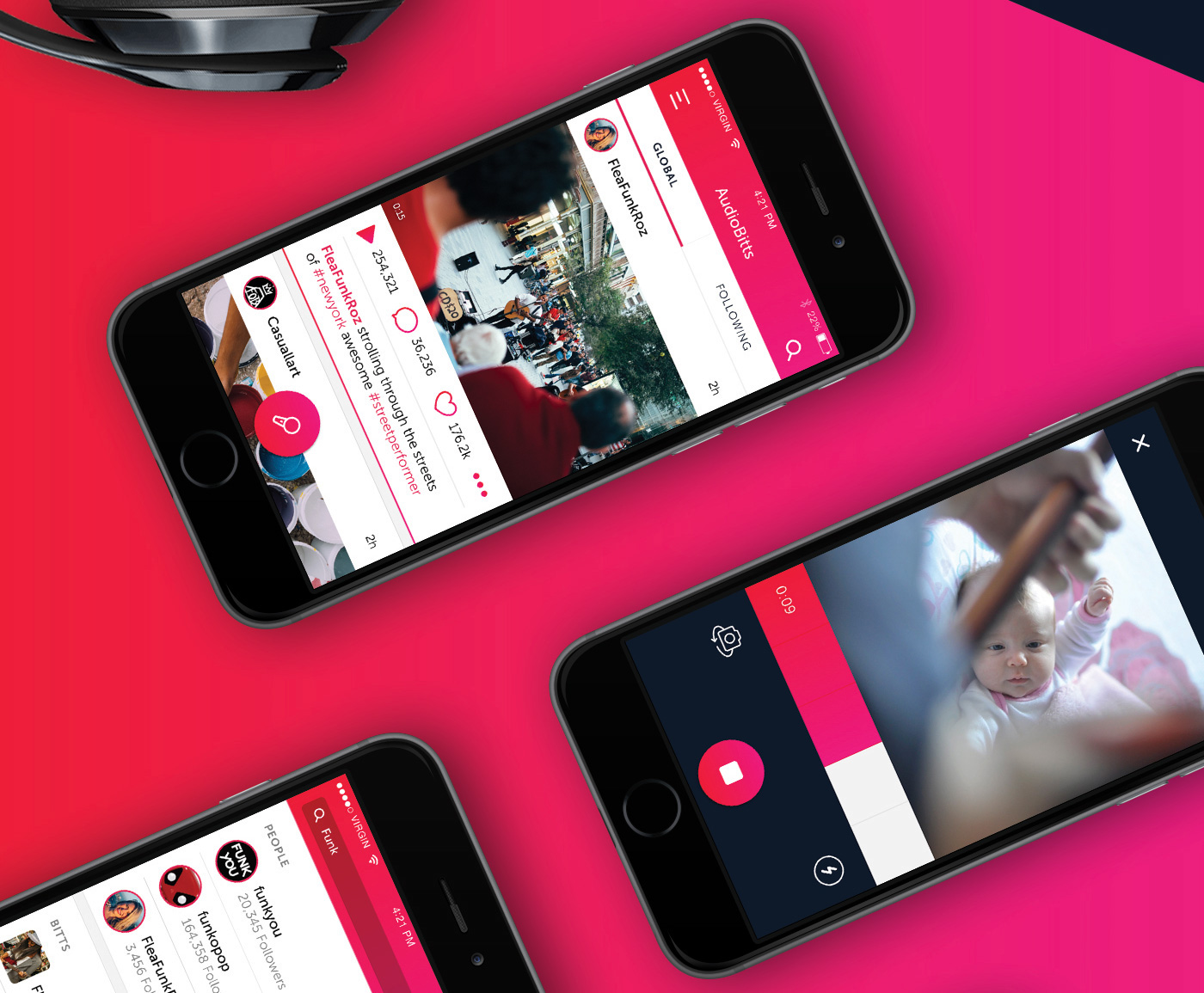 Audio app design mobile music sound pink fluid record social