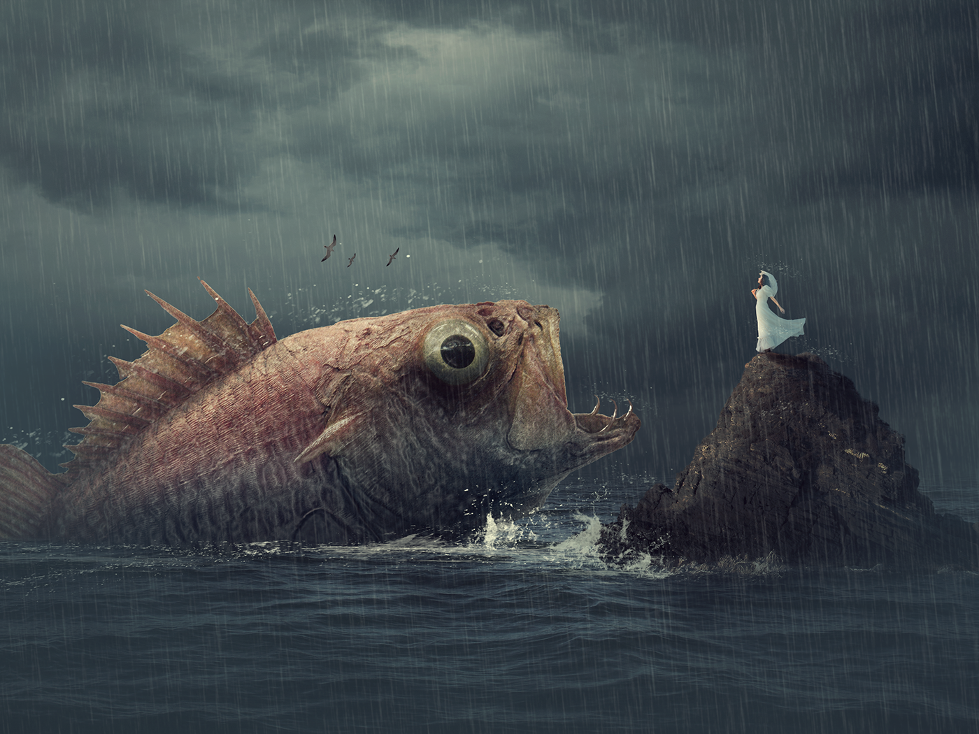 art wallpaper graphic design  fish girl rain water horror