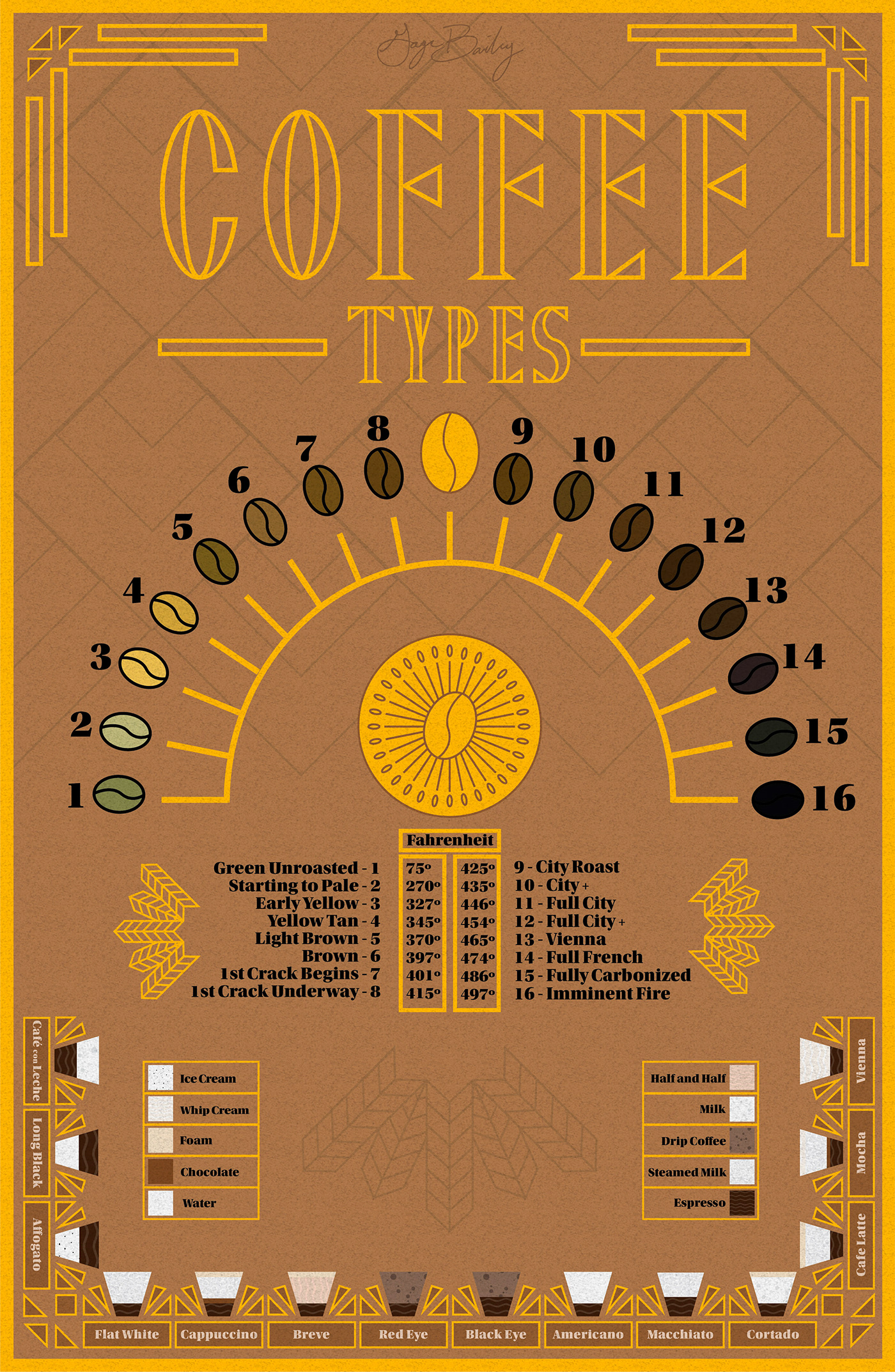 art deco beans Coffee coffee beans design graphic design  infographic roast types typography  
