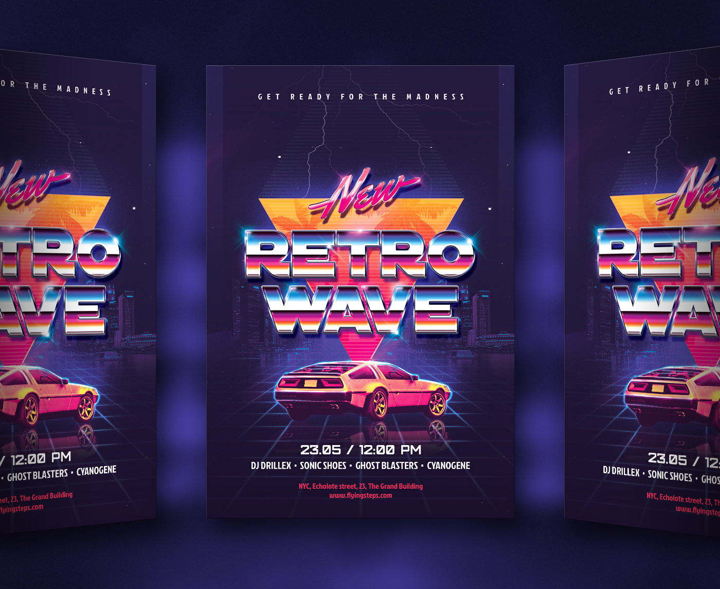 flyer party new Retro wave 80`s 80s eighties SYNTH pop DeLorean neon palm back future