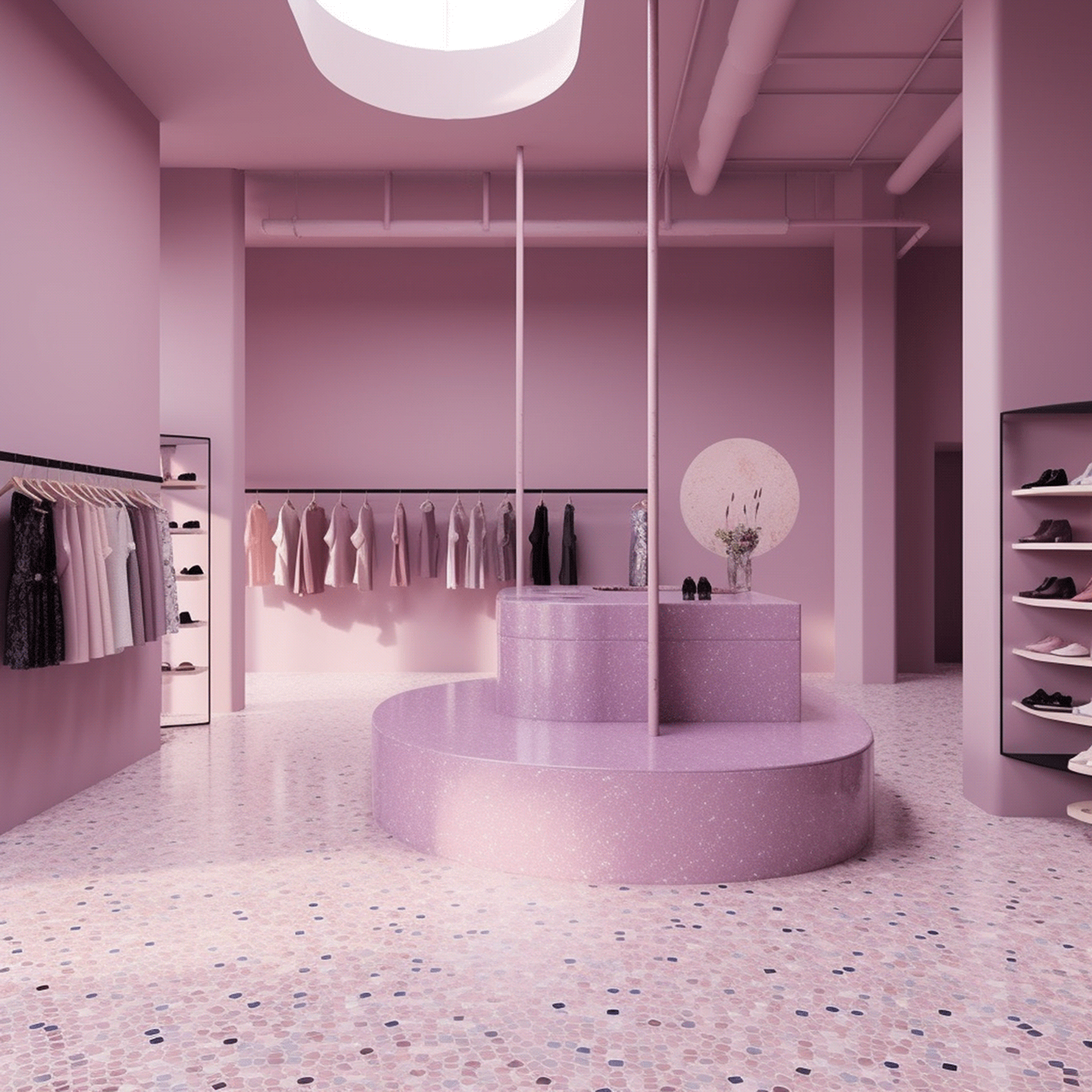Retail design violet minimalistic retail store Modern Design design terazzo fashionstore