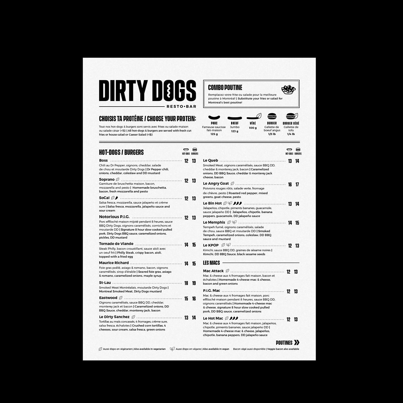 menu design Logo Design art direction  branding  Restaurant Identity Fast food hot dog minimal design Dirty Dogs Montreal