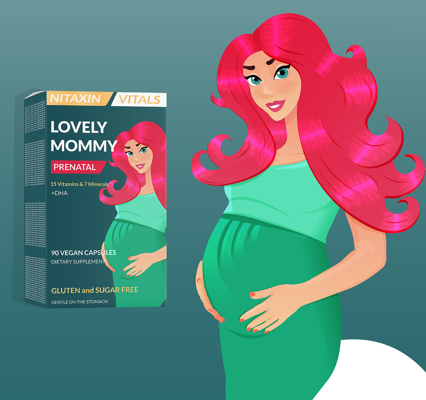 Packaging packaging design Character design  package cartoon pregnancy supplement brand identity vitamins Character