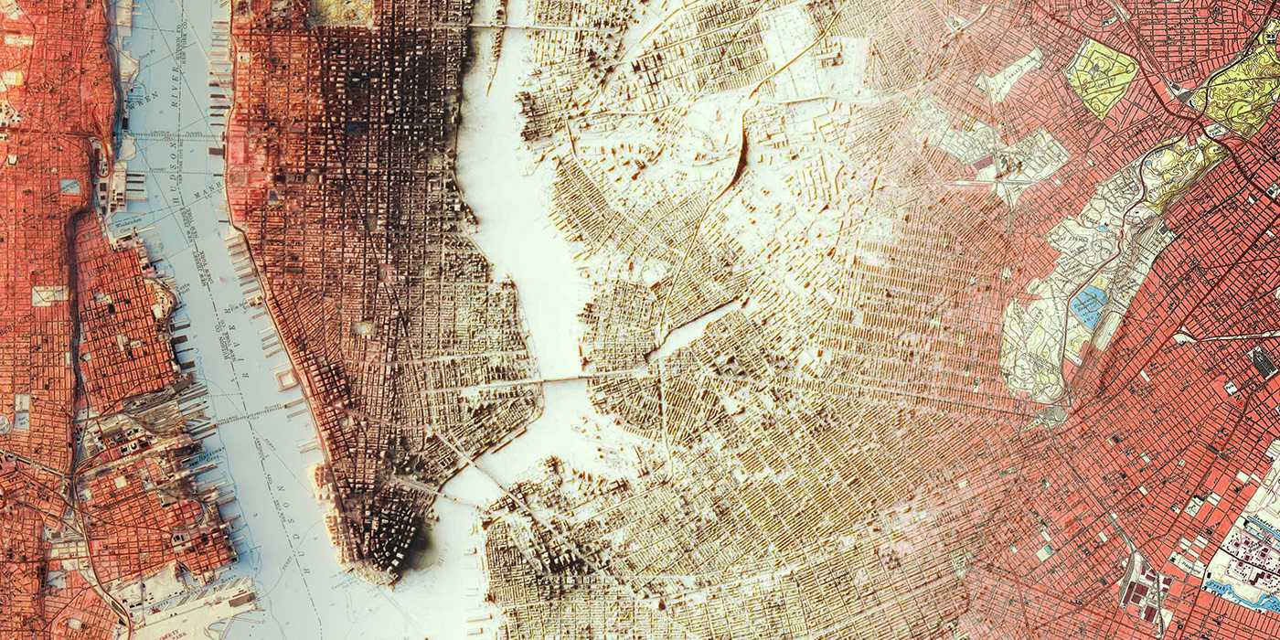 relief map cartography information design data visualisation new york city vintage map print design  blender art 3D illustration city plan