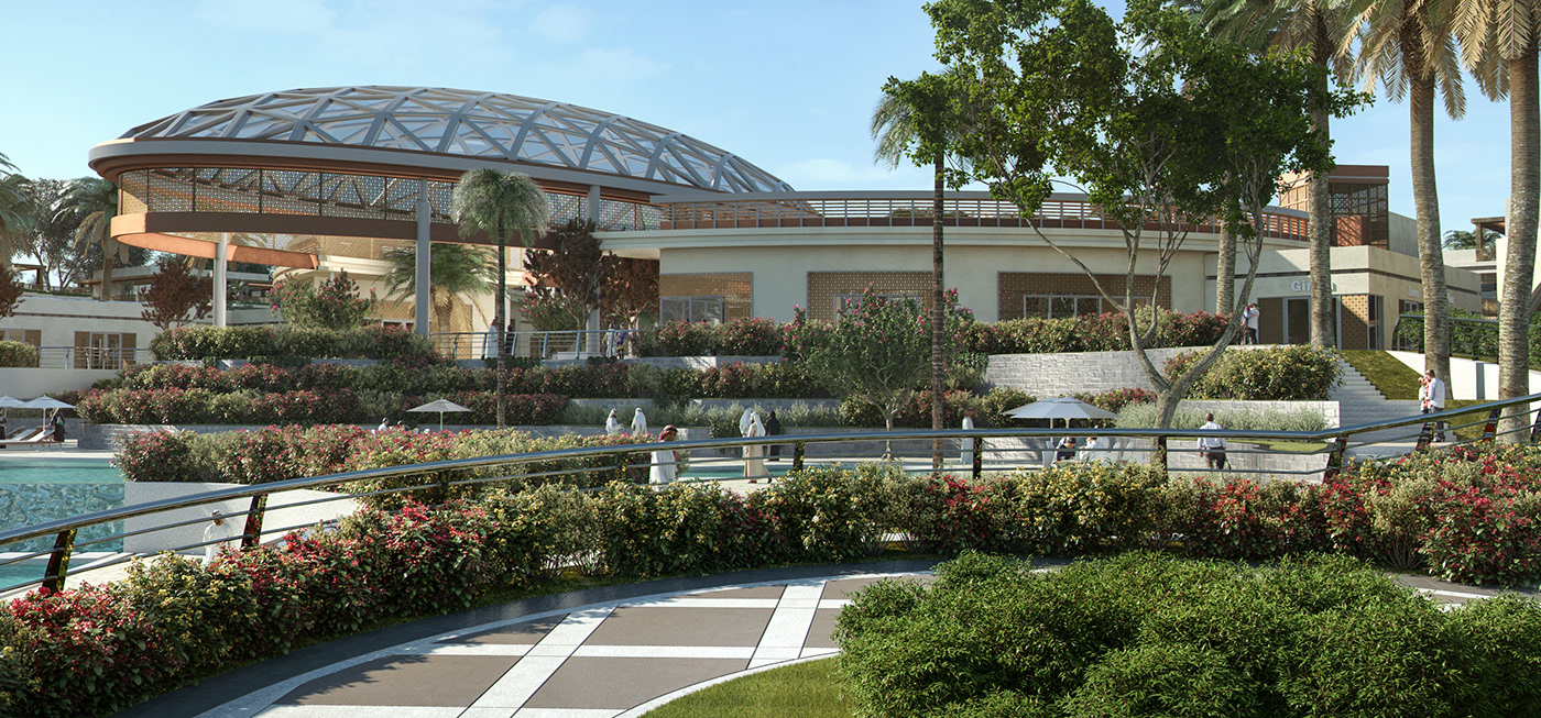 architecture rendering design art visualization desert dubai palms water resort