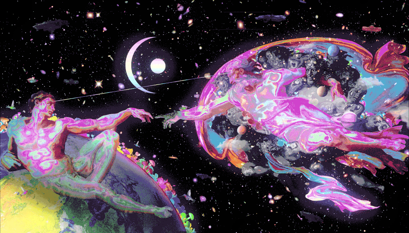 digital Renaissance trippy psychedelic Glitch art modern Adam God Creation of Adam
