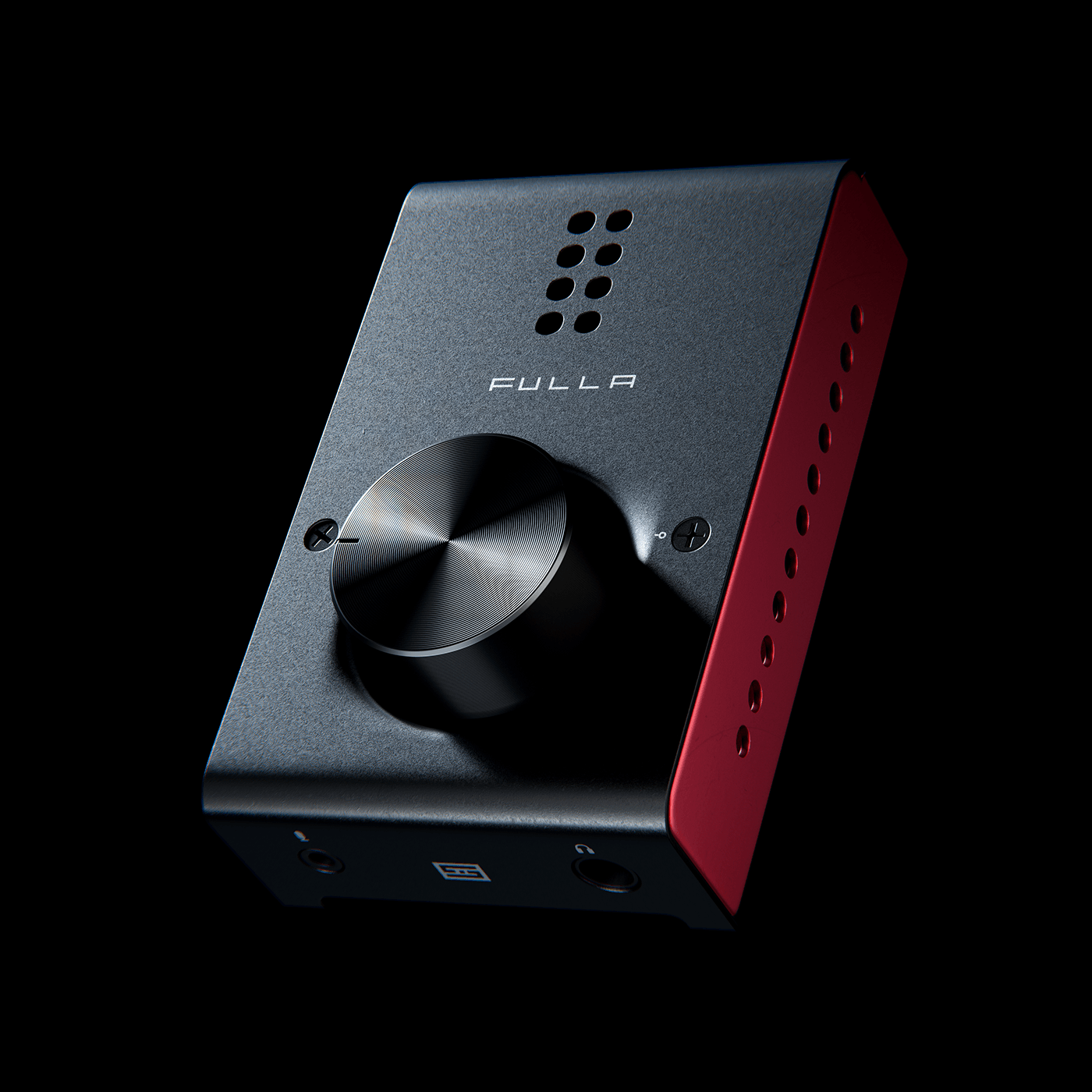 Schiit Fulla E red DAC combo in this stunning CGI render, elegantly suspended on a black background