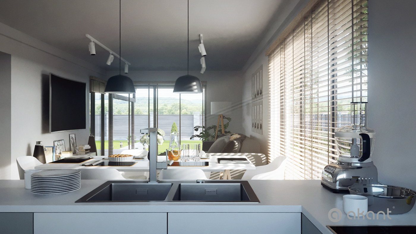akant roller blind shutters Camera 360 Scandinavian design 3d animation modern house virtual tour kitchen living room