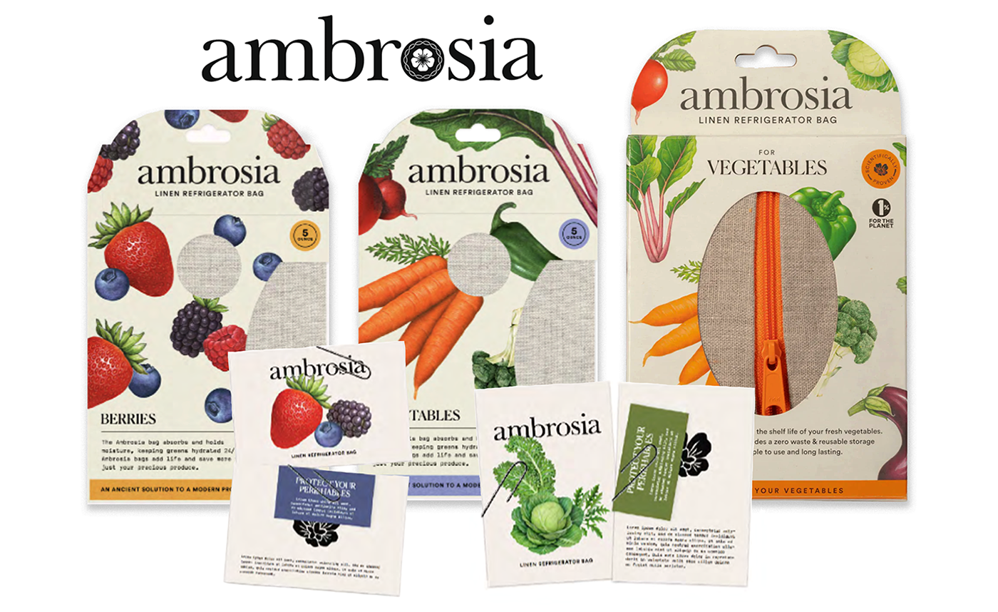 Stock illustrations of fruit, vegetables, & leafy greens used on packaging for Ambrosia linen bags.