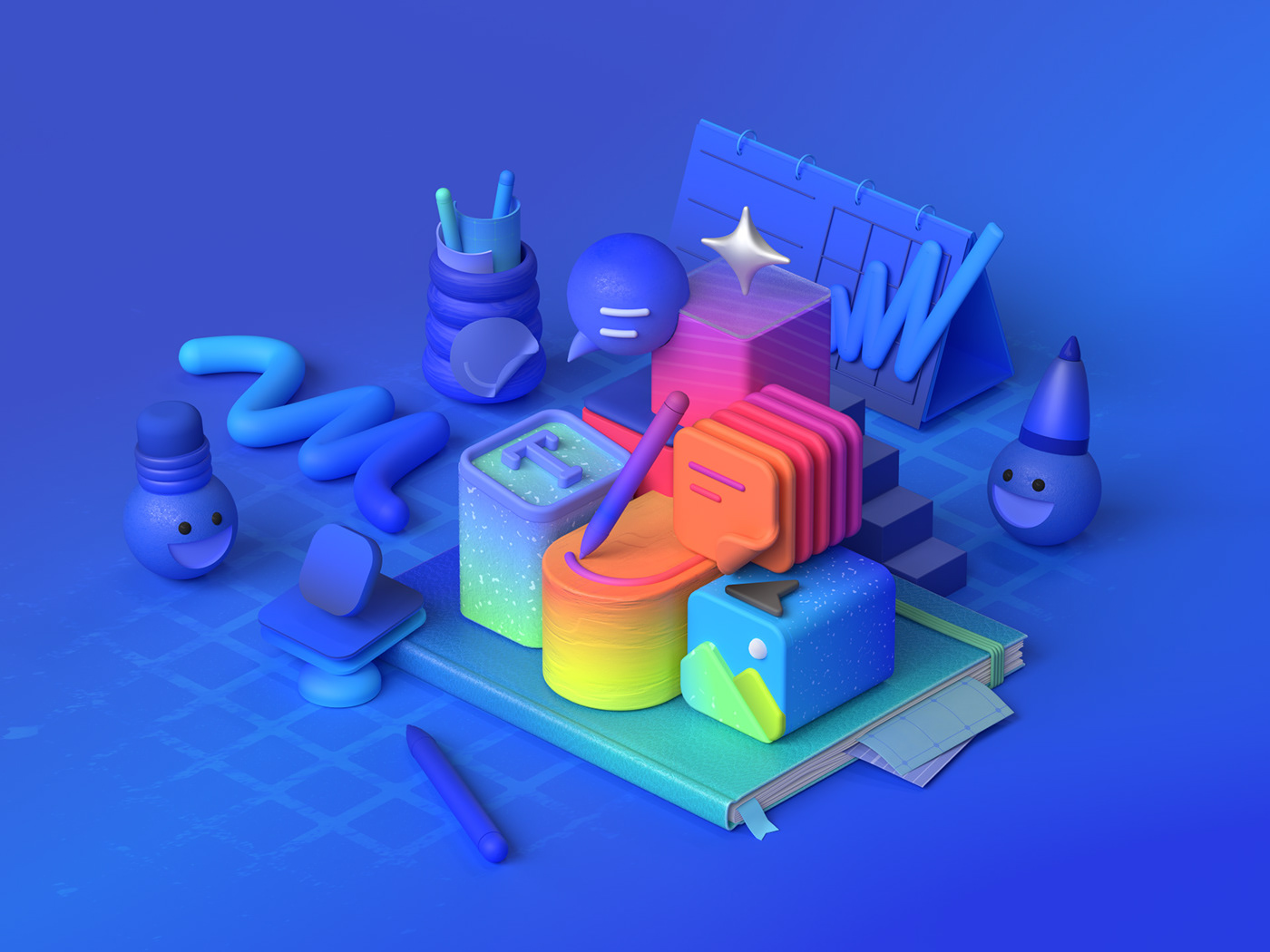3D cinema4d geometric ILLUSTRATION  Isometric Microsoft neon set design  UI