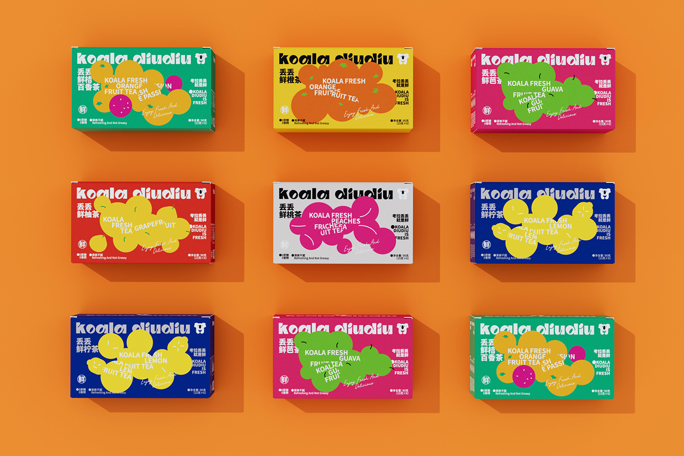 color drinks Food  fresh Fruit graphic design  koala package tea 包装